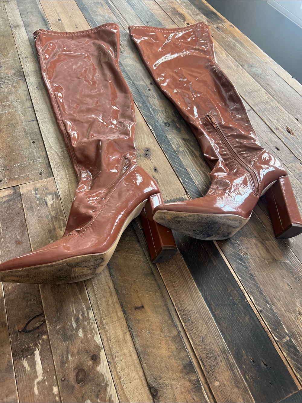 Patent Leather Knee-High Block Heel Boots - Brown